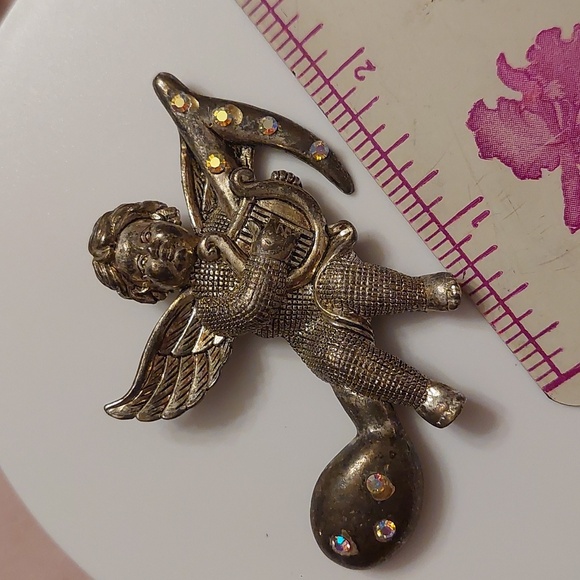 Two Vintage Angel Brooches Cherub with Harp AB Rhinestones Precious Moments PMI - Picture 5 of 12